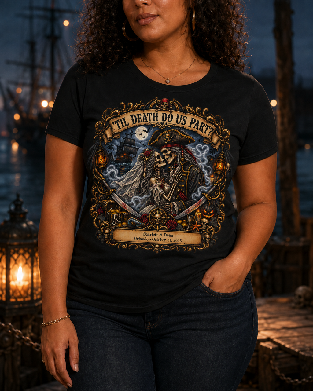 Ghostly Pirate Halloween Honeymoon 'Til Death - Ladies Tee