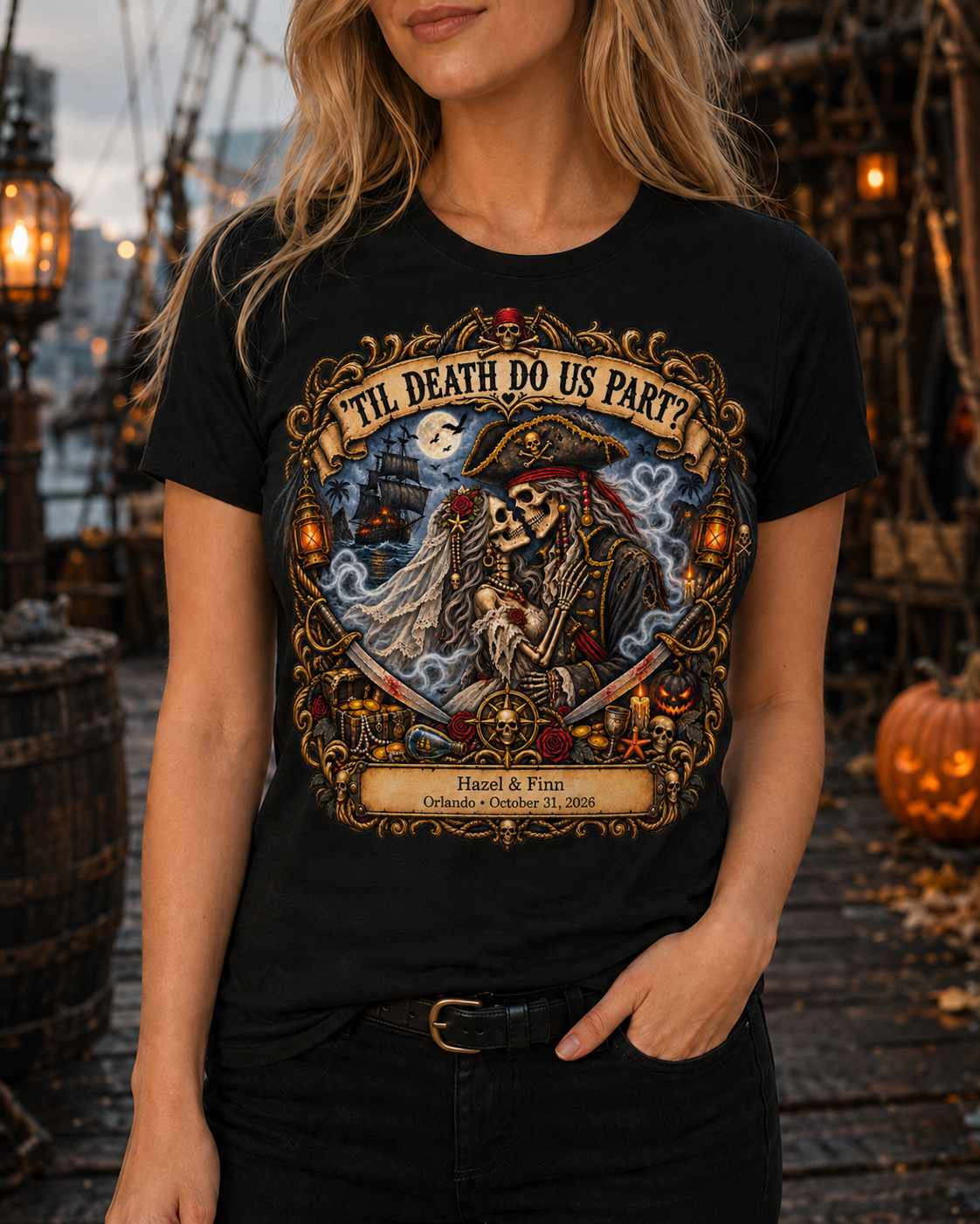 Ghostly Pirate Halloween Honeymoon 'Til Death - Ladies Tee